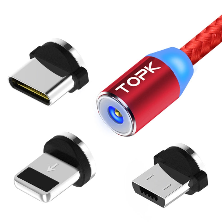 TOPK 1m 2.4A Max USB a 8 Pines + USB-C / Type-C + Micro USB Cable de Carga Magnético trenzado de Nylon con indicador LED (Rojo)