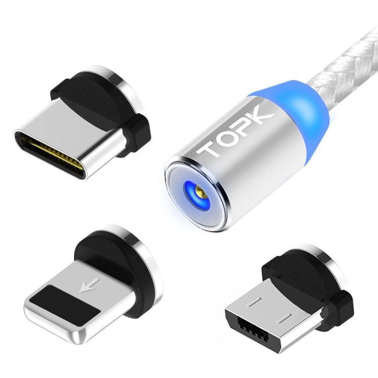 TOPK 1m 2.4A Max USB a 8 Pines + USB-C / Type-C + Micro USB Cable de Carga Magnético trenzado de Nylon con indicador LED (Plateado)