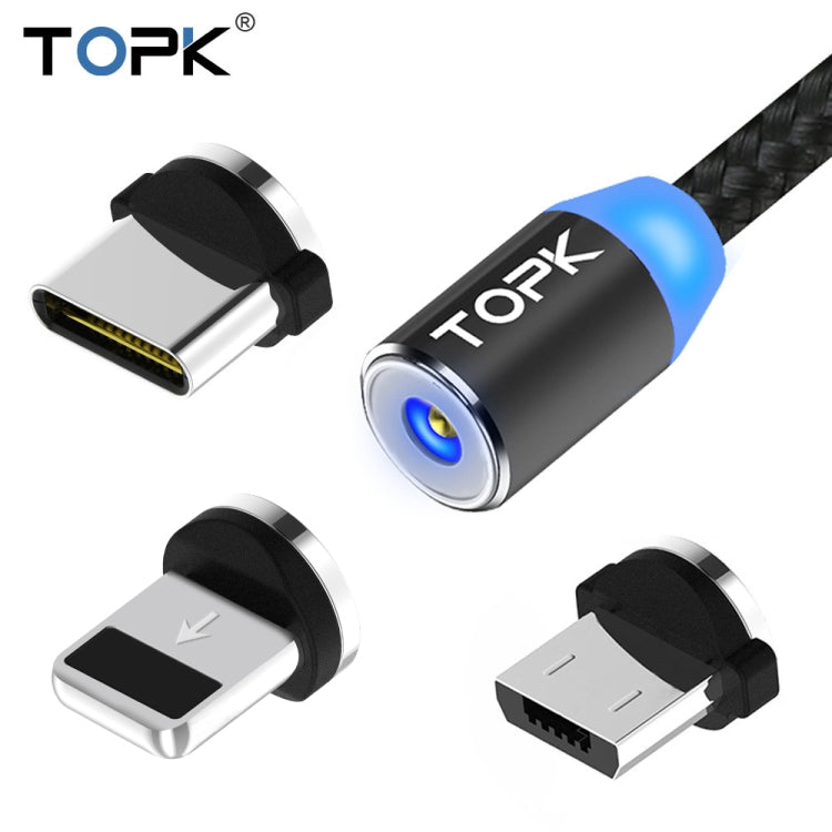 TOPK 2m 2.4A Max USB a 8 Pines + USB-C / Type-C + Micro USB Cable de Carga Magnético trenzado de Nylon con indicador LED (Negro)