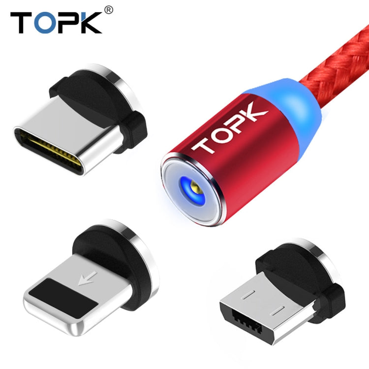 TOPK 2m 2.4A Max USB a 8 Pines + USB-C / Type-C + Micro USB Cable de Carga Magnético trenzado de Nylon con indicador LED (Rojo)