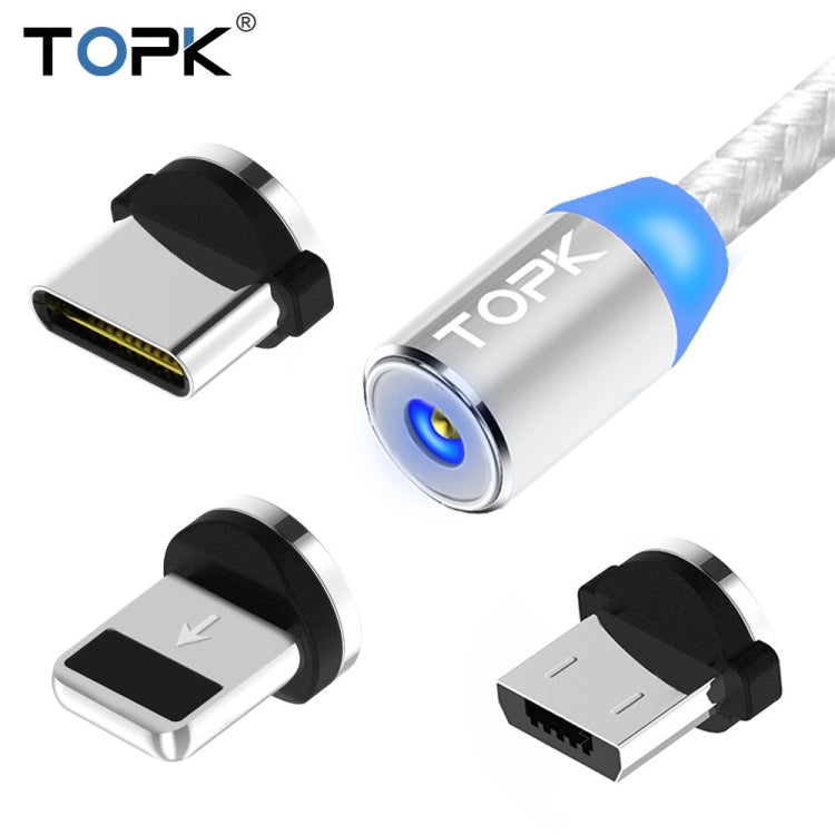 TOPK 2m 2.4A Max USB a 8 Pines + USB-C / Type-C + Micro USB Cable de Carga Magnético trenzado de Nylon con indicador LED (Plateado)