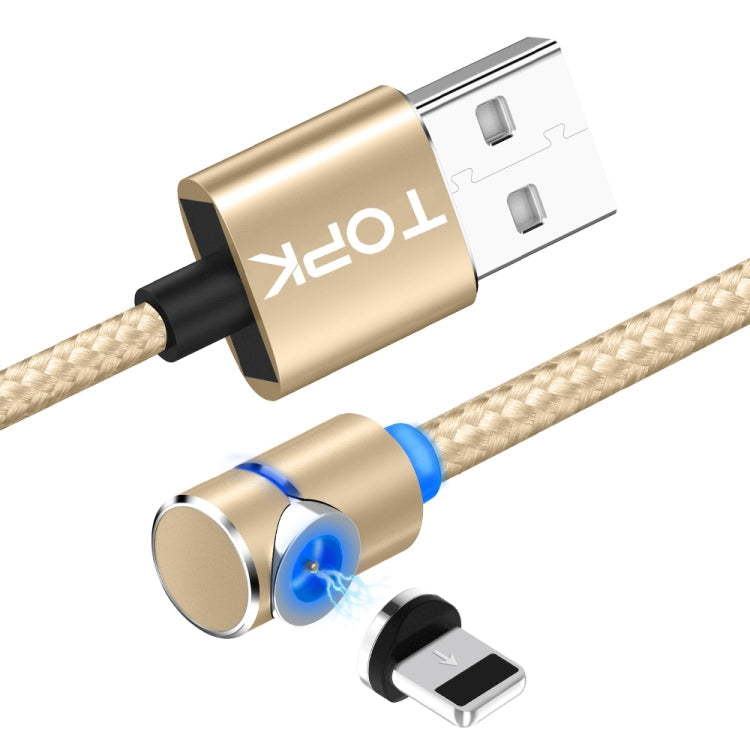 TOPK 1m 2.4A Max Câble de Charge Magnétique Coudé à 90 Degrés USB vers 8 Broches avec Indicateur LED (Or)