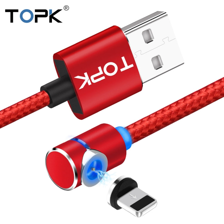 TOPK 1m 2.4A Max Câble de Charge Magnétique Coudé à 90 Degrés USB vers 8 Broches avec Indicateur LED (Rouge)