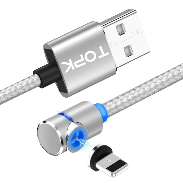 TOPK 1m 2.4A Max Câble de Charge Magnétique Coudé à 90 Degrés USB vers 8 Broches avec Indicateur LED (Argent)