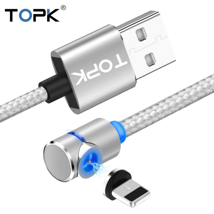 TOPK 1m 2.4A Max Câble de Charge Magnétique Coudé à 90 Degrés USB vers 8 Broches avec Indicateur LED (Argent)