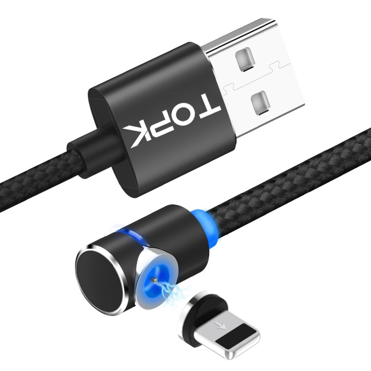 TOPK Câble de charge magnétique coudé à 90 degrés USB vers 8 broches 2 m 2,4 A max avec indicateur LED (noir)