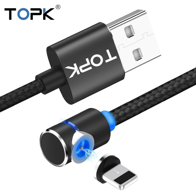 TOPK Câble de charge magnétique coudé à 90 degrés USB vers 8 broches 2 m 2,4 A max avec indicateur LED (noir)