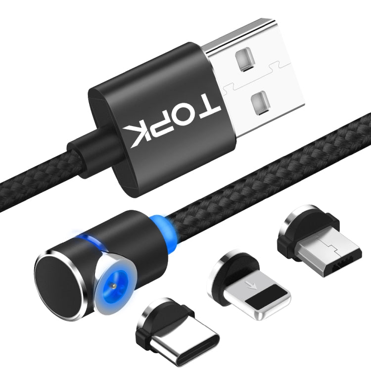 TOPK 1m 2.4A Max USB a 8 Pines + USB-C / Type-C + Micro USB Cable de Carga Magnética de codo de 90 grados con indicador LED (Negro)
