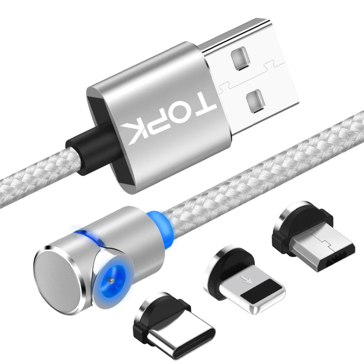 TOPK 1m 2.4A Max USB vers 8 broches + USB-C / Type-C + Micro USB Câble de charge magnétique coudé à 90 degrés avec indicateur LED