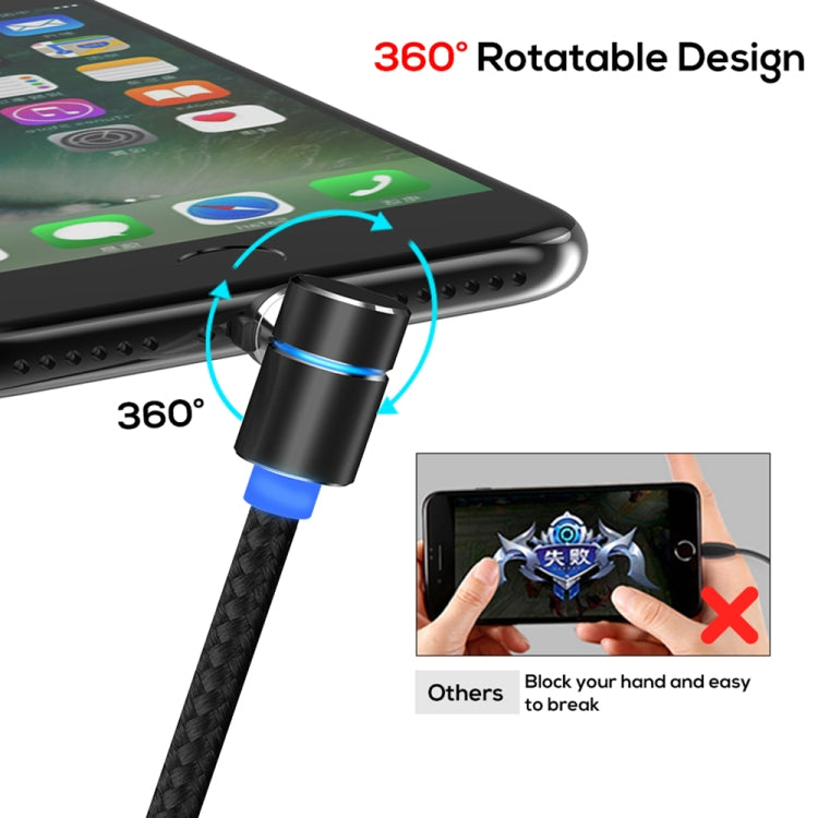 TOPK 2m 2.4A Max USB to 8 Pin + USB-C / Type-C + Micro USB 90 Degree Elbow Magnetic Charging Cable with LED Indicator (Black)