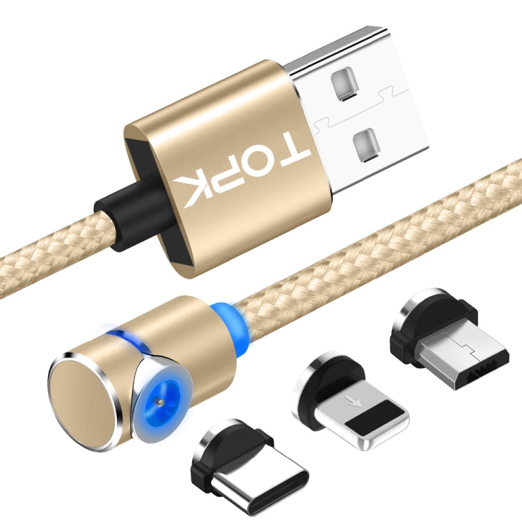TOPK 2m 2.4A Max USB to 8 Pin + USB-C / Type-C + Micro USB 90 Degree Elbow Magnetic Charging Cable with LED Indicator (Gold)