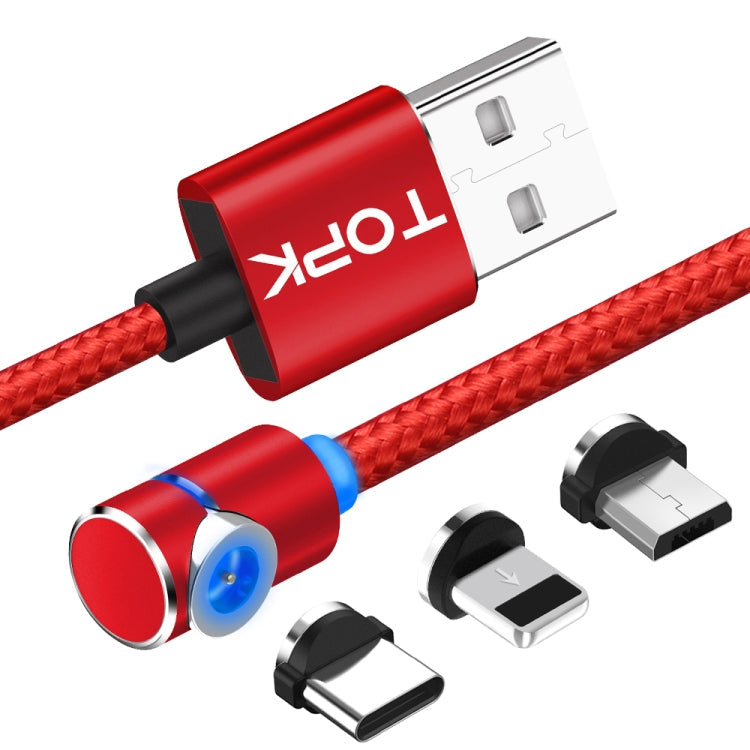 TOPK 2m 2.4A Max USB to 8 Pin + USB-C / Type-C + Micro USB 90 Degree Elbow Magnetic Charging Cable with LED Indicator (Red)