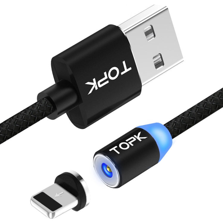 TOPK 1m 2.1A USB Output to 8 Pin Mesh Braided Magnetic Charging Cable with LED Indicator (Black)