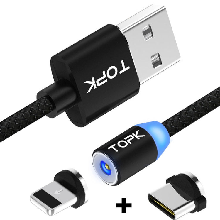 TOPK 1m 2.1A Salida USB a 8 Pines + USB-C / Tipo-C Cable de Carga Magnético trenzado de malla con indicador LED (Negro)