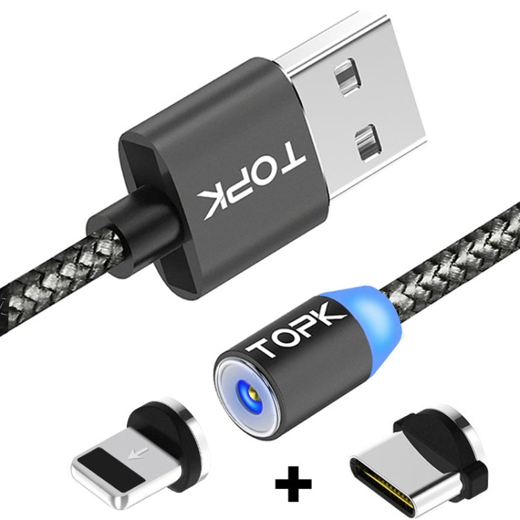 TOPK 1m 2.1A Salida USB a 8 Pines + USB-C / Tipo-C Cable de Carga Magnético trenzado de malla con indicador LED (Gris)