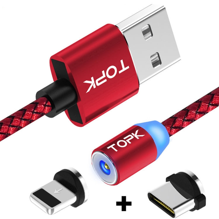 TOPK 1m 2.1A USB to 8 Pin Output + USB-C / Type-C Mesh Braided Magnetic Charging Cable with LED Indicator (Red)