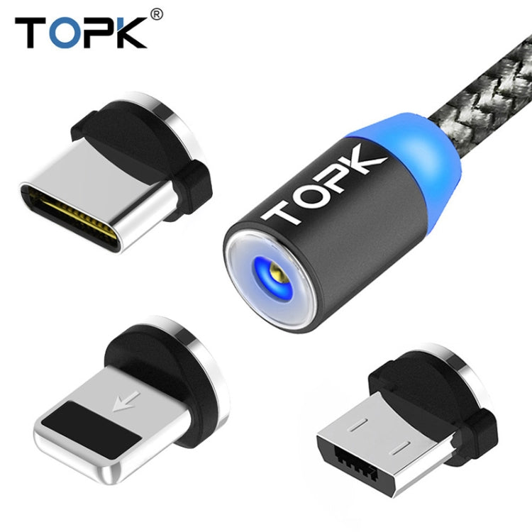 TOPK 1m 2.1A USB to 8 Pin Output + USB-C / Type-C + Micro USB Mesh Braided Magnetic Charging Cable with LED Indicator (Grey)