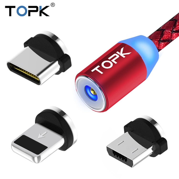 TOPK 1m 2.1A USB to 8 Pin Output + USB-C / Type-C + Micro USB Mesh Braided Magnetic Charging Cable with LED Indicator (Red)