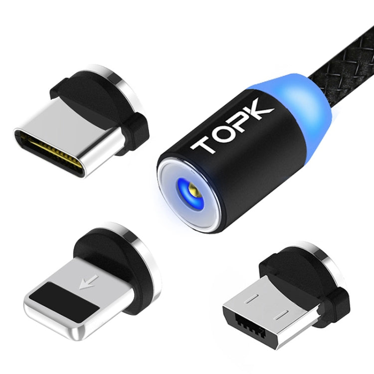 TOPK 2m 2.1A USB to 8 Pin Output + USB-C / Type-C + Micro USB Mesh Braided Magnetic Charging Cable with LED Indicator (Black)