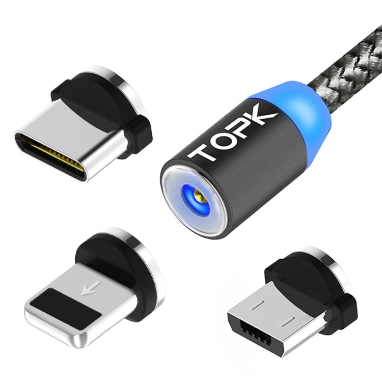 TOPK 2m 2.1A USB to 8 Pin Output + USB-C / Type-C + Micro USB Mesh Braided Magnetic Charging Cable with LED Indicator (Grey)