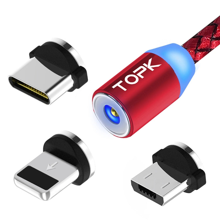TOPK 2m 2.1A USB to 8 Pin Output + USB-C / Type-C + Micro USB Mesh Braided Magnetic Charging Cable with LED Indicator (Red)