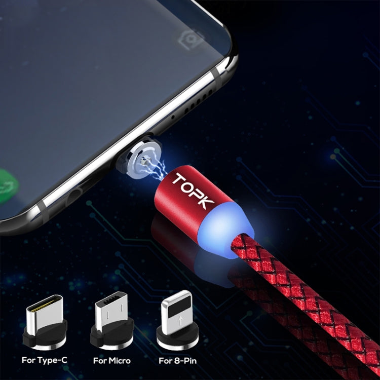 TOPK 2m 2.1A Salida USB a 8 Pines + USB-C / Tipo-C + Cable de Carga Magnético trenzado de malla Micro USB con indicador LED (Rojo)