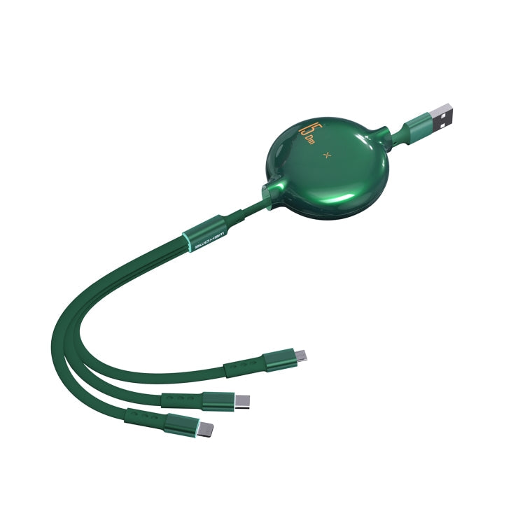 WK WDC-124 3A 3 IN 1 8 PIN + TYPE-C / USB-C + Micro USB Serie Bona Cable de Carga telescópica longitud: 1.5m (verde)