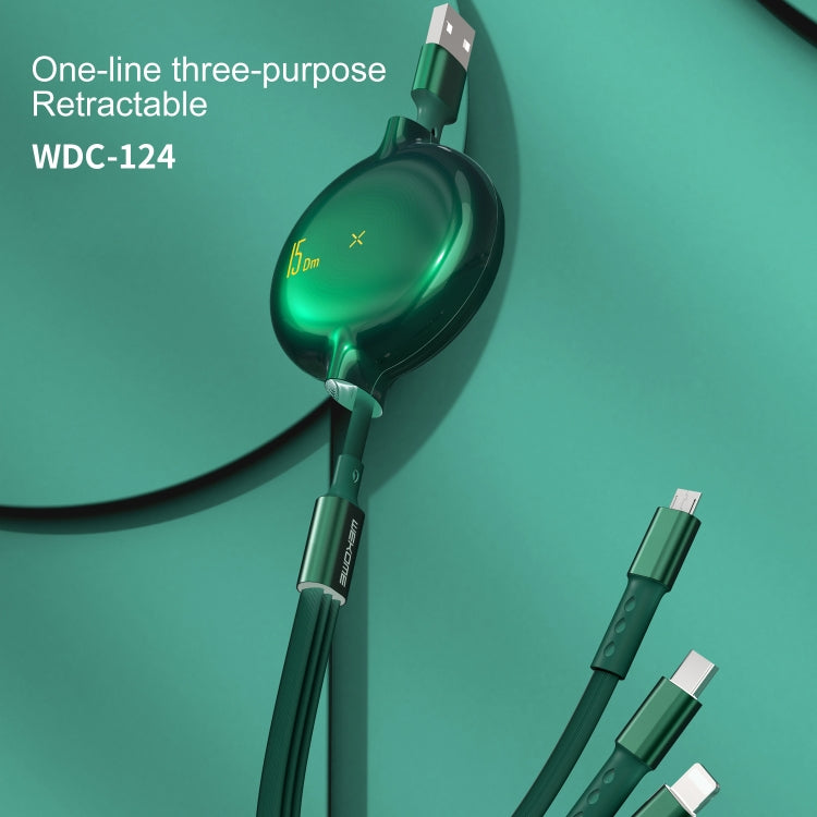 WK WDC-124 3A 3 EN 1 8 BROCHES + TYPE-C / USB-C + Micro USB Série Bona Câble de charge télescopique Longueur : 1,5 m (Vert)