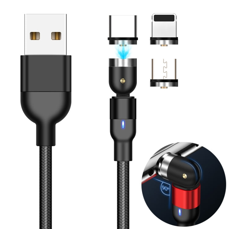 1m 2A Salida 3 en 1 USB a 8 Pines + USB-C / Tipo-C + Micro USB Cable de Carga Magnético giratorio trenzado de Nylon (Negro)