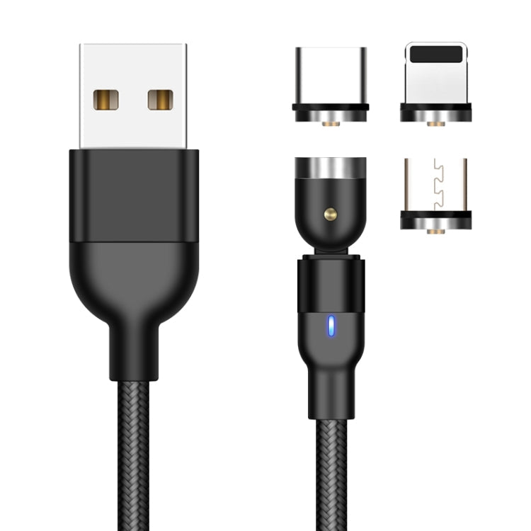 1m 2A Sortie 3 en 1 USB vers 8 Broches + USB-C / Type-C + Micro USB Nylon Tressé Pivotant Câble de Charge Magnétique (Noir)
