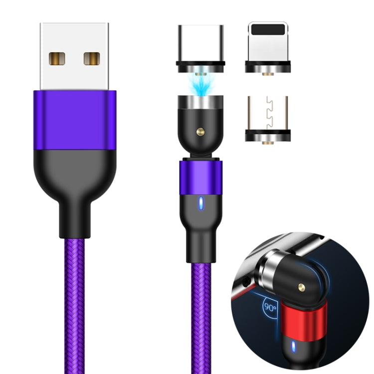 1m 2A Sortie 3 en 1 USB vers 8 Broches + USB-C / Type-C + Micro USB Nylon Tressé Pivotant Câble de Charge Magnétique (Violet)