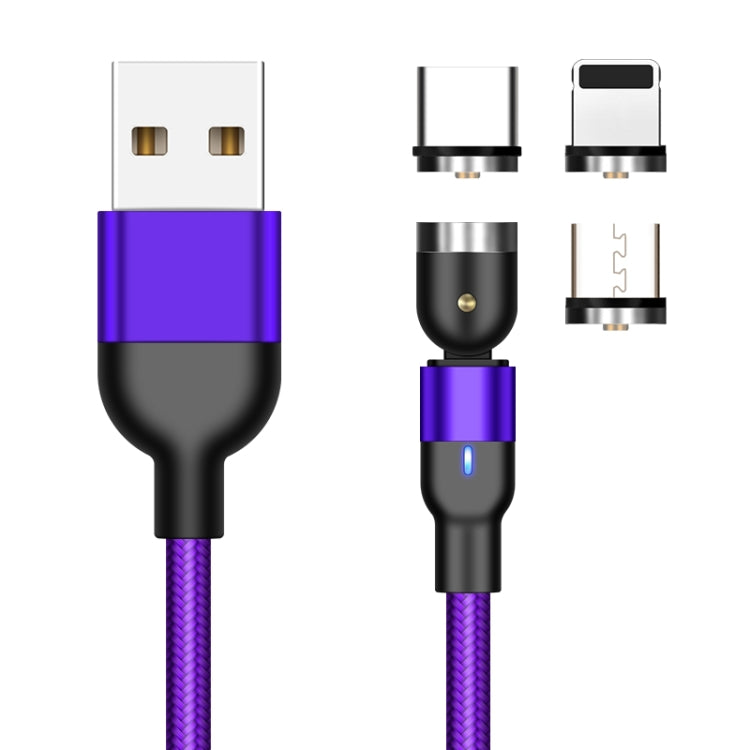 1m 2A Output 3 in 1 USB to 8 Pin + USB-C / Type-C + Micro USB Nylon Braided Swivel Magnetic Charging Cable (Purple)