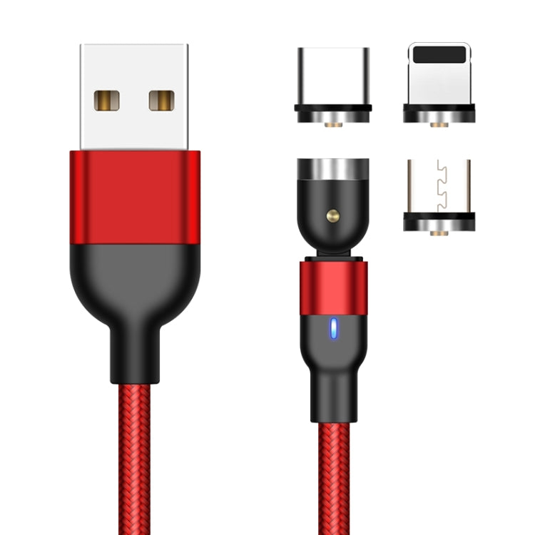 1m 2A Output 3 in 1 USB to 8 Pin + USB-C / Type-C + Micro USB Nylon Braided Swivel Magnetic Charging Cable (Red)