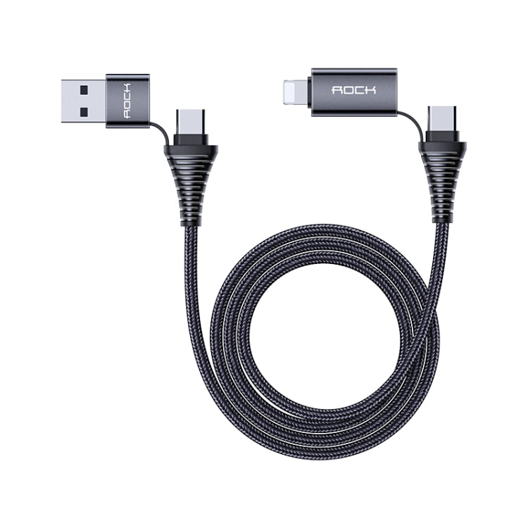 Rock R12 Multifunction PD Quick Charge 4 in 1 3A Micro USB &amp; Type C to 8 Pin &amp; Type C Braided Data Cable Length: 1m (Black)