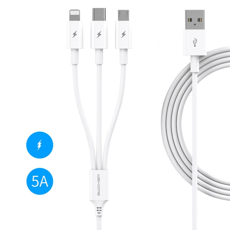 WK WDC-111 5A 3 in 1 8 Pin + Micro + Type-C / USB-C Multifunction Super Fast Charging Cable Length: 1.3米 (White)