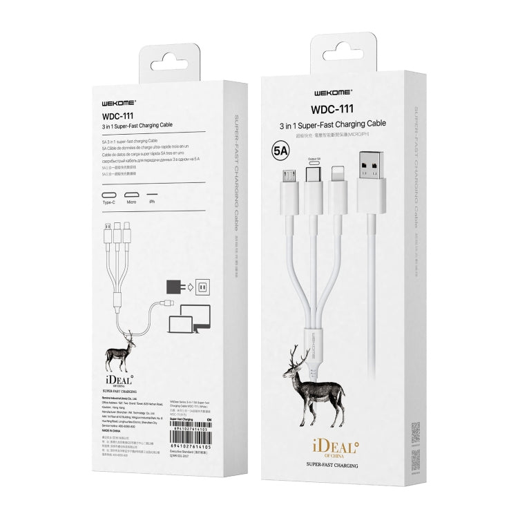 WK WDC-111 5A 3 in 1 8 Pin + Micro + Type-C / USB-C Multifunction Super Fast Charging Cable Length: 1.3米 (White)