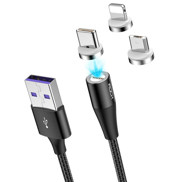 Rock G1 5V 3A 3 en 1 8 broches + Micro USB + USB-C / Type-C Câble de données tressé à chargement rapide magnétique Longueur: 1m (Noir)