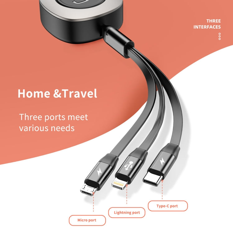 Rock G3 5V 3.6A 3 in 1 8 Pin + Micro USB + USB-C / Type-C Retractable Fast Charging Data Cable the maximum length: 1.2m (Black)