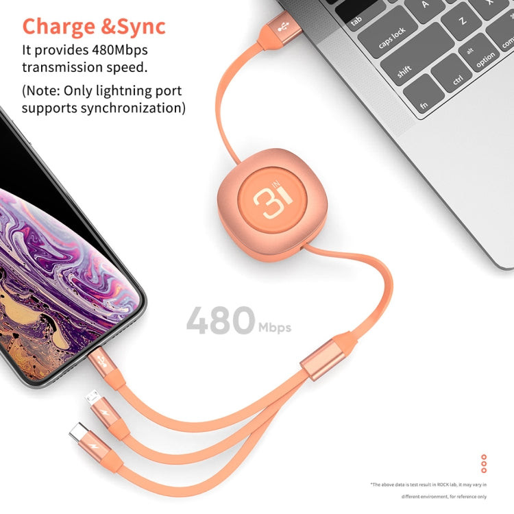 Rock G3 5V 3.6A 3 in 1 8 Pin + Micro USB + USB-C / Type-C Retractable Fast Charging Data Cable the maximum length: 1.2m (Black)