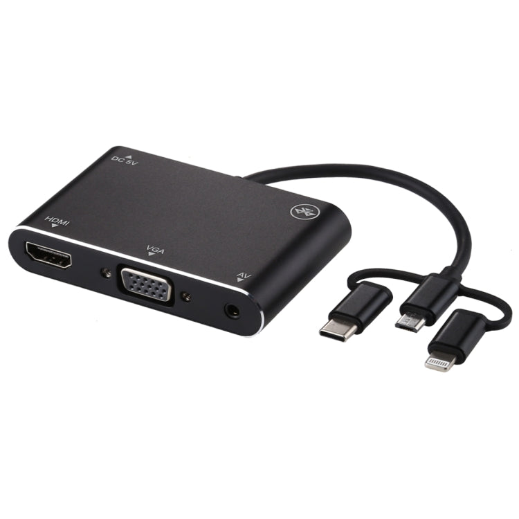 3 in 1 15Pin HD Display Player Adapter Converter 8Pin+Micro USB+Type-C to AV+HDMI+VGA with Audio