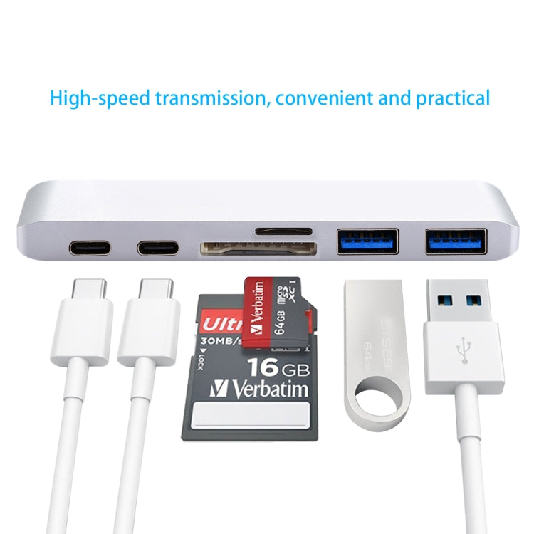 6 en 1 aleación de Aluminio multifunción velocidad de transferencia de 5 Gbps adaptador de concentrador USB-C / tipo C Dual con 2 Puertos USB 3.0 y 2 Puertos USB-C / tipo C ranura Para Tarjeta SD ... a Tarjeta TF Para Macbook 2015 / 2016 / 2017 (Plata)