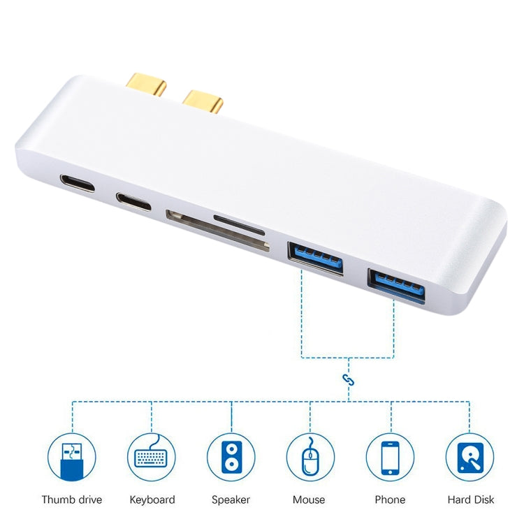 6 in 1 Multifunction Aluminum Alloy 5Gbps Transfer Rate Dual USB-C / Type C Hub Adapter with 2 USB 3.0 Ports and 2 USB-C / Type C Ports SD Card...to TF Card Slot For Macbook 2015 / 2016 / 2017 (Silver)