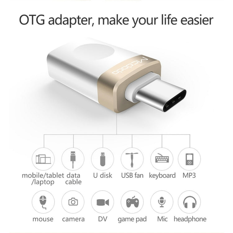 Mcdodo OT-1942 USB-C / Type-C to USB 3.0 AF Data transmission Charging OTG Adapter For Galaxy S8 and S8+ / LG G6 / Huawei P10 and P10 Plus / Xiaomi Mi6 and Max 2 and other Smartphones 32 x 12 x 7mm (Gold)