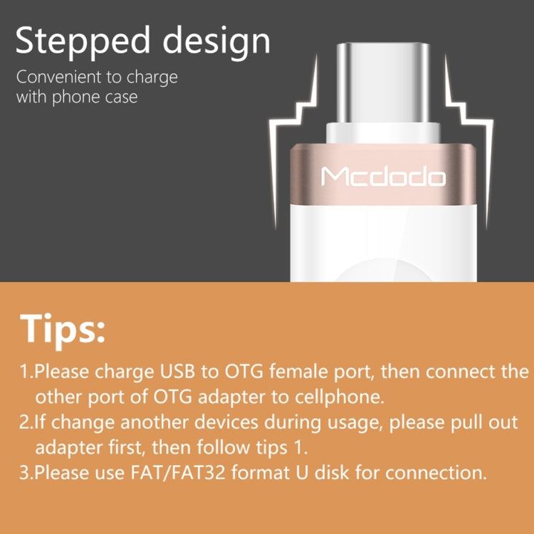 Mcdodo OT-1942 USB-C / Type-C vers USB 3.0 AF Adaptateur de charge de transmission de données OTG pour Galaxy S8 et S8+ / LG G6 / Huawei P10 et P10 Plus / Xiaomi Mi6 et Max 2 et autres Smartphones 32 x 12 x 7 mm (Rose Or)