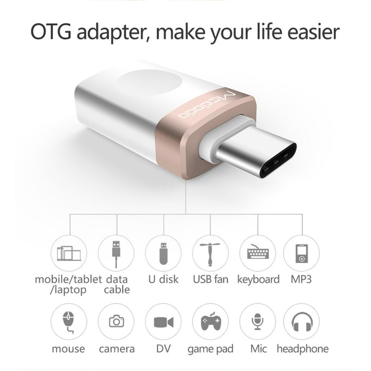 Mcdodo OT-1942 USB-C / Type-C a USB 3.0 AF Adaptador OTG de Carga de transmisión de Datos Para Galaxy S8 y S8 + / LG G6 / Huawei P10 y P10 Plus / Xiaomi Mi6 y Max 2 y otros Teléfonos Inteligentes tamaño: 32 x 12 x 7 mm (Oro Rosa)