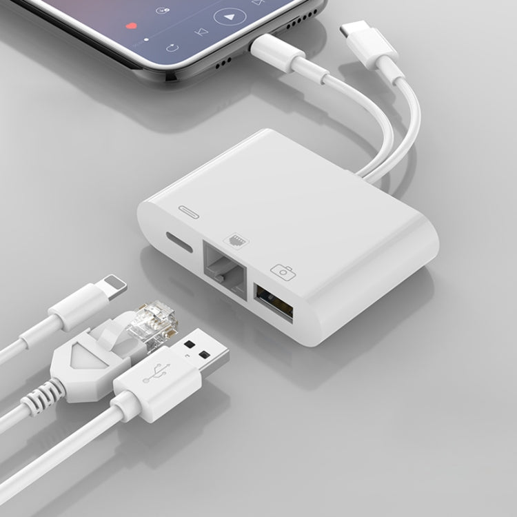 NK-107 Pro 3 in 1 USB-C / Type-C + 8 Pin Male to USB + RJ45 + 8 Pin Female Charging Interface Adapter