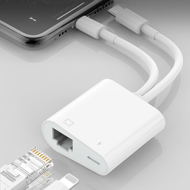 NK-1035 Pro 2 in 1 USB-C / Type-C + 8 Pin Male to RJ45 + 8 Pin Charging Female Interface Adapter