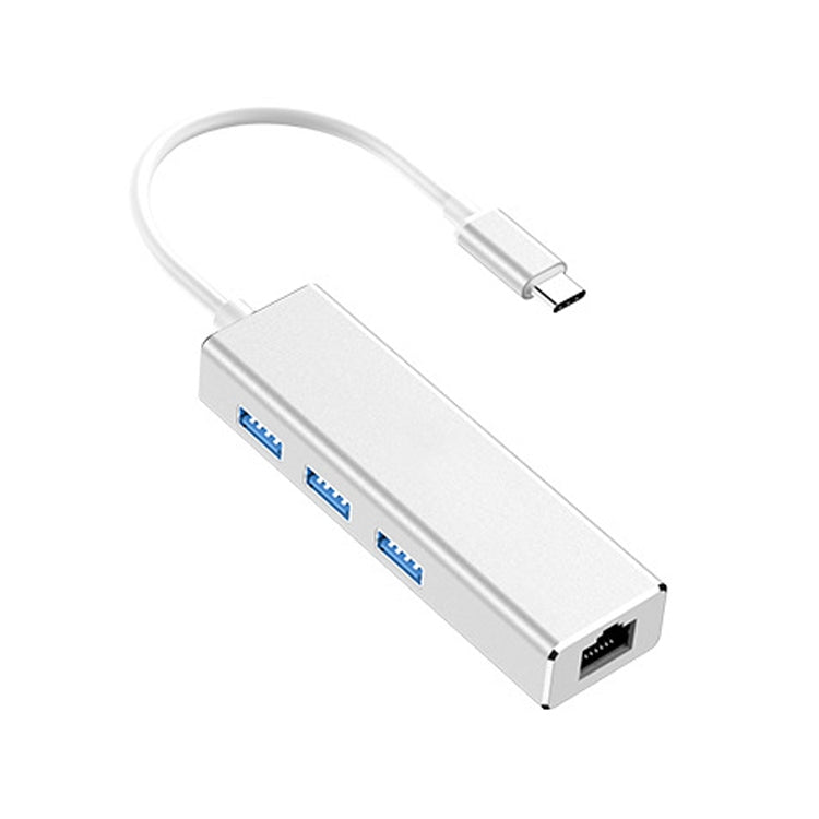 USB-C / Type-C a Gigabit Ethernet RJ45 y 3 x USB 3.0 Adaptador Convertidor HUB Computadora Tableta externa Teléfono Universal (Plata)