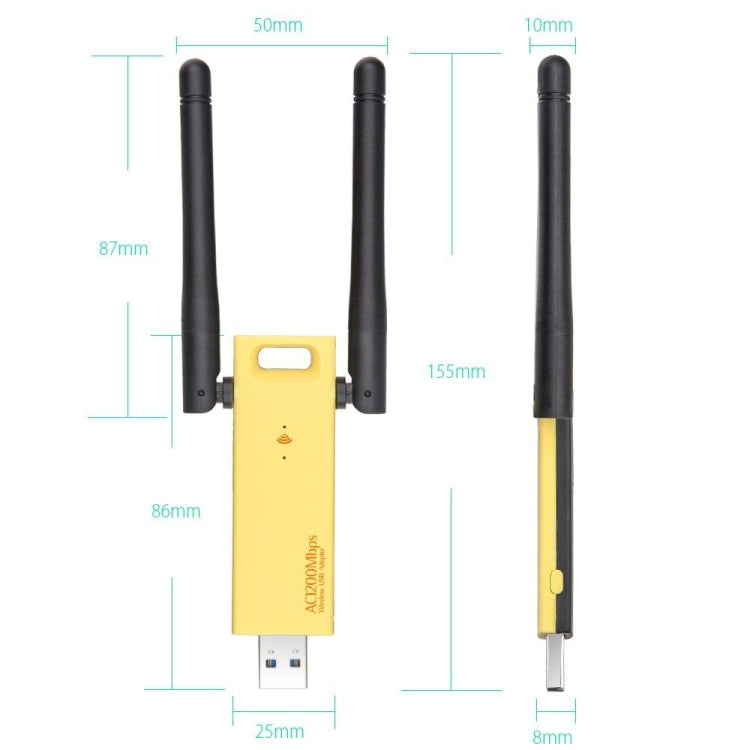 AC1200Mbps 2.4GHz y 5GHz Adaptador WiFi USB 3.0 de Doble Banda Tarjeta de red externa con 2 Antenas externas (Amarillo)