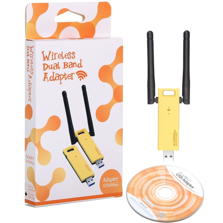 AC1200Mbps 2.4GHz and 5GHz Dual Band USB 3.0 WiFi Adapter External Network Card with 2 External Antennas (Yellow)